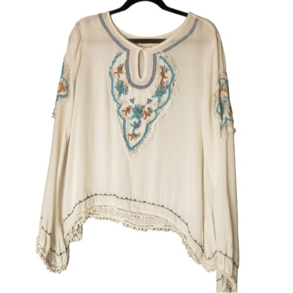 Vintage Havana Embroidery Hippie Angel Split Sleeve V Neck Distressed Top Size M
